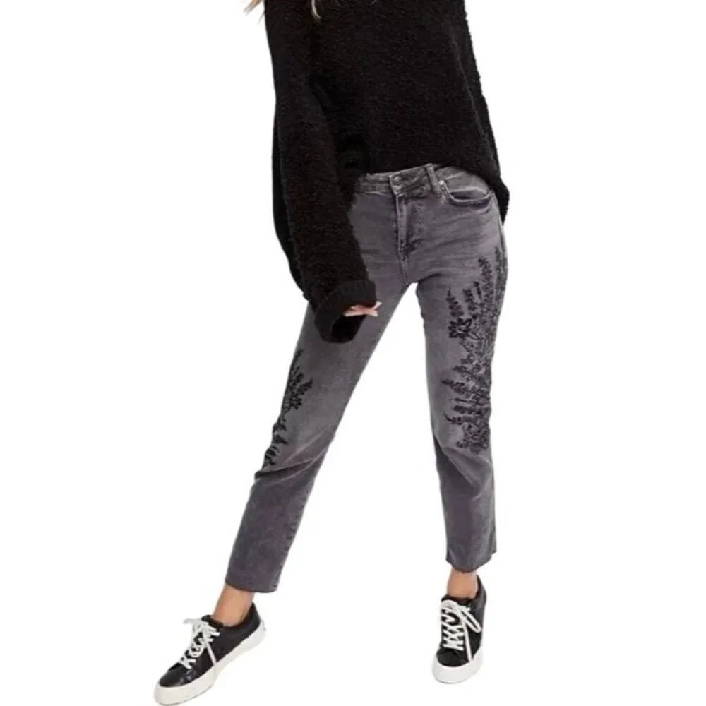 NWOT Free People Gray Embroidered High-Rise Straight Leg Girlfriend Jeans | Boho - Picture 2 of 15